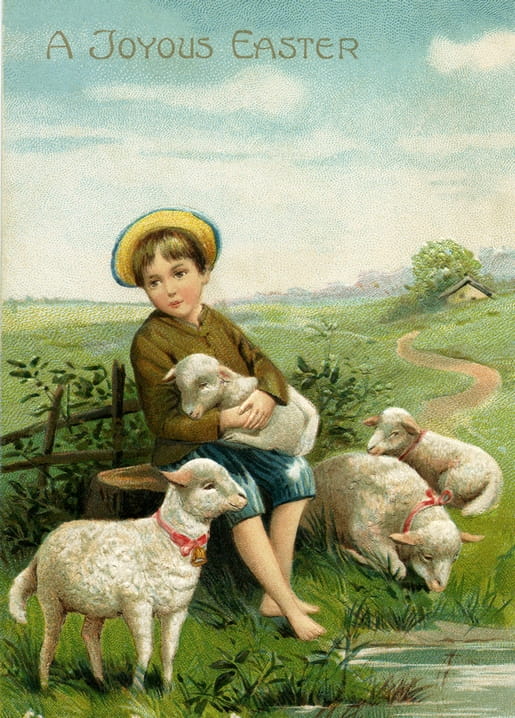 Vintage-Illustration eines Hirtenjungen mit einem Lamm im Arm neben der Herde am Bach