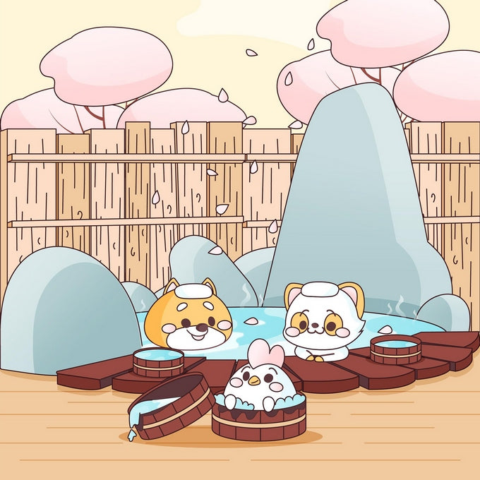 Shiba inu, cat, and chick bathing in wooden onsen tubs under cherry blossom trees