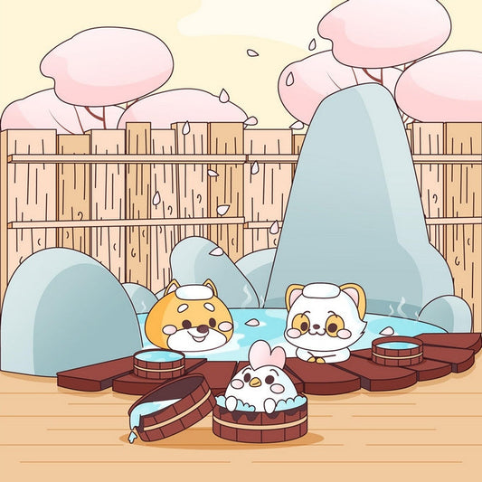 Shiba inu, cat, and chick bathing in wooden onsen tubs under cherry blossom trees