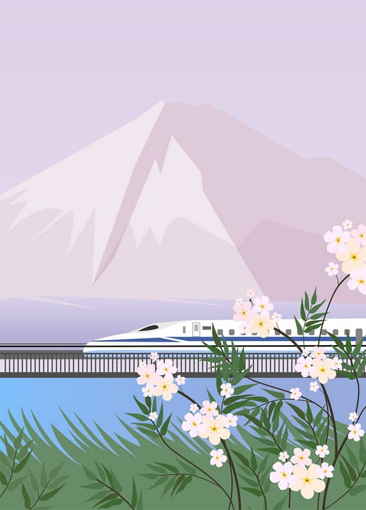 Illustration eines Shinkansen-Zugs am Wasser mit Fuji und blühenden Kirschblütenzweigen