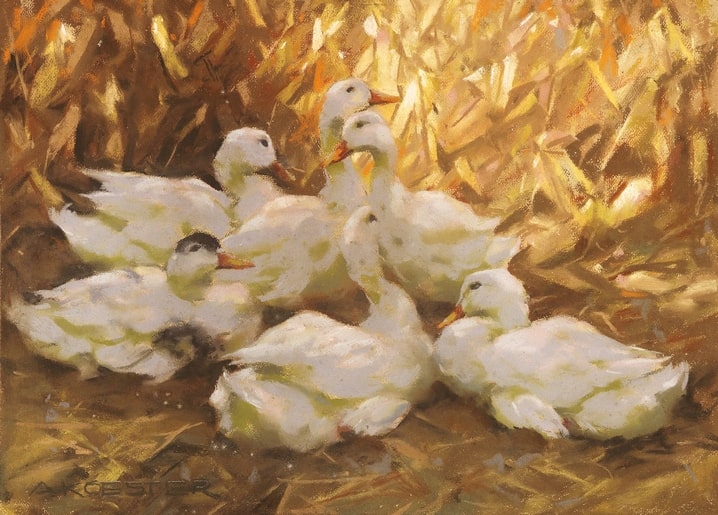Painting of six white ducks resting together in golden straw by Alexander Koester