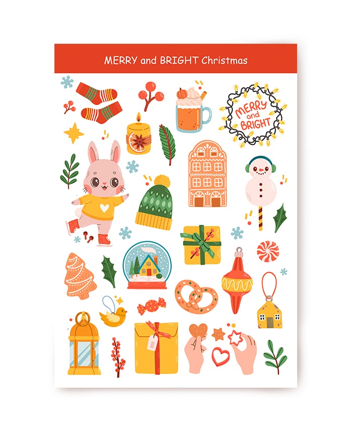 Weihnachtssticker A5 mit Schlittschuh-Häschen, Lebkuchenhaus und plätzchenformenden Händen