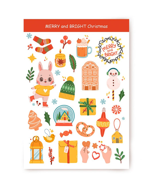 Weihnachtssticker A5 mit Schlittschuh-Häschen, Lebkuchenhaus und plätzchenformenden Händen