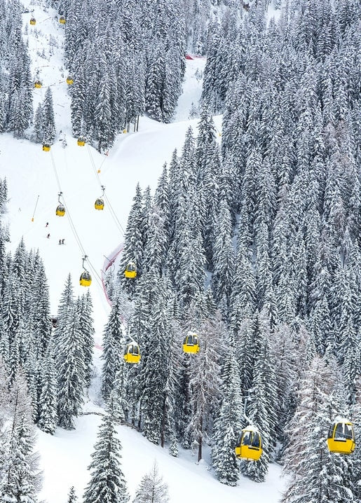 Yellow ski gondolas crossing a snow-covered pine forest above a mountain slope