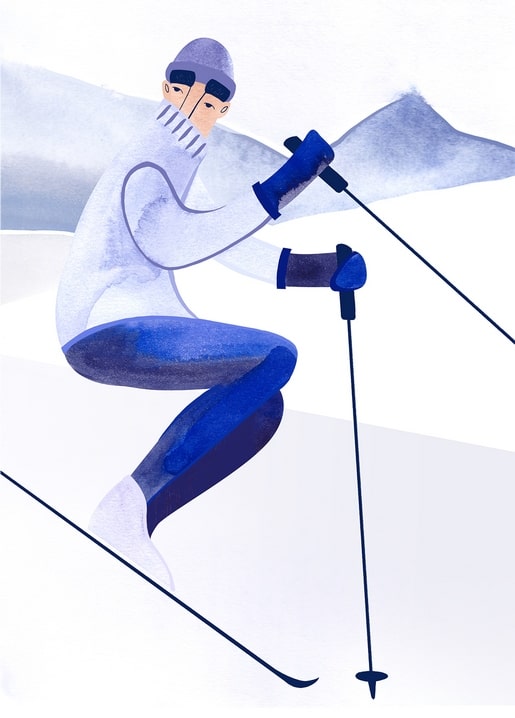 Illustration eines Skifahrers in tiefer Abfahrtshocke mit nachschleifenden Stöcken