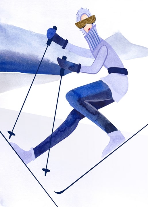 Illustration einer Skifahrerin mit goldener Glitzerbrille und Skistöcken
