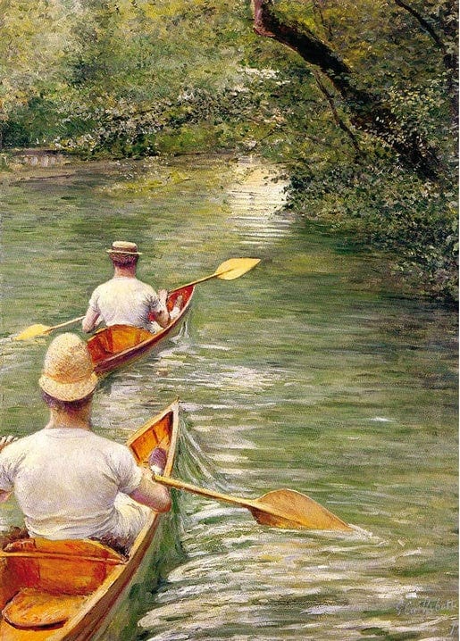 Two men in straw hats paddling wooden skiffs down a green river, seen from behind, Caillebotte painting