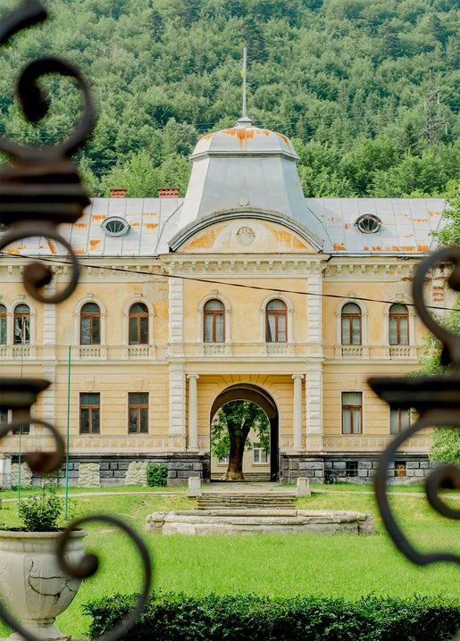 Yellow palace with a domed roof in Skole framed by dark wrought-iron scrollwork, forested hills behind