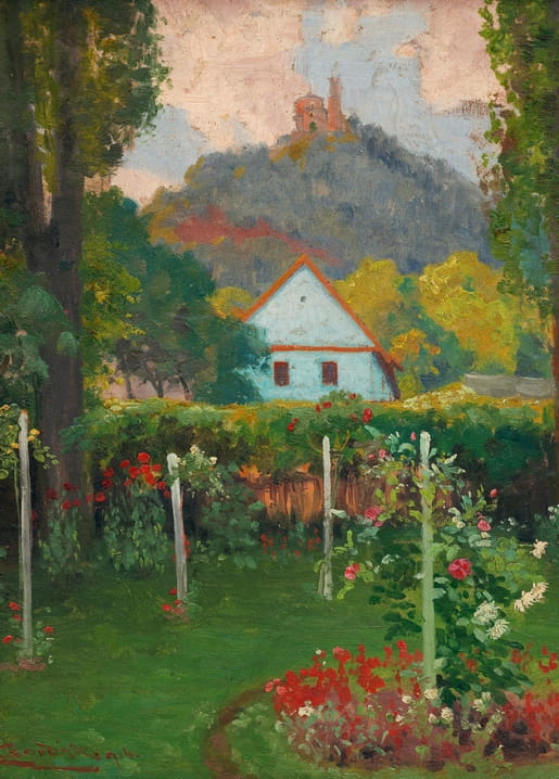 Oil painting of a rose garden below a hilltop castle by Ľudovít Čordák
