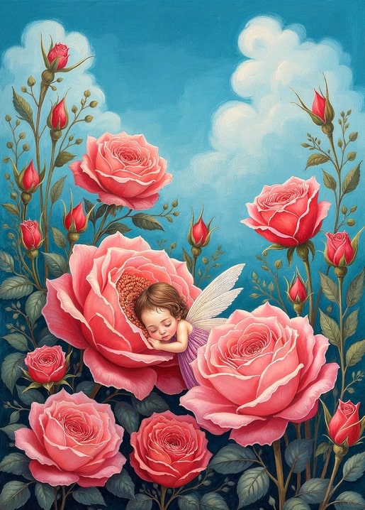 Baby-Fee schläft in einer großen rosa Rose, umgeben von Rosenknospen