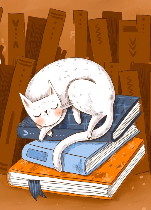 Ілюстрація білого кота, що спить на стосі книжок перед книжковою шафою