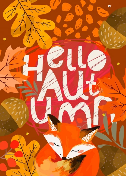 Sleeping fox curled up among oak leaves, acorns and red berries under a Hello Autumn sign