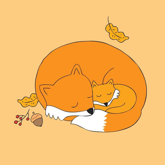Illustrated postcard of a mother fox curled around her sleeping cub with an acorn nearby