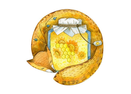 Fox curled asleep around a jar of honey painted with sunflowers