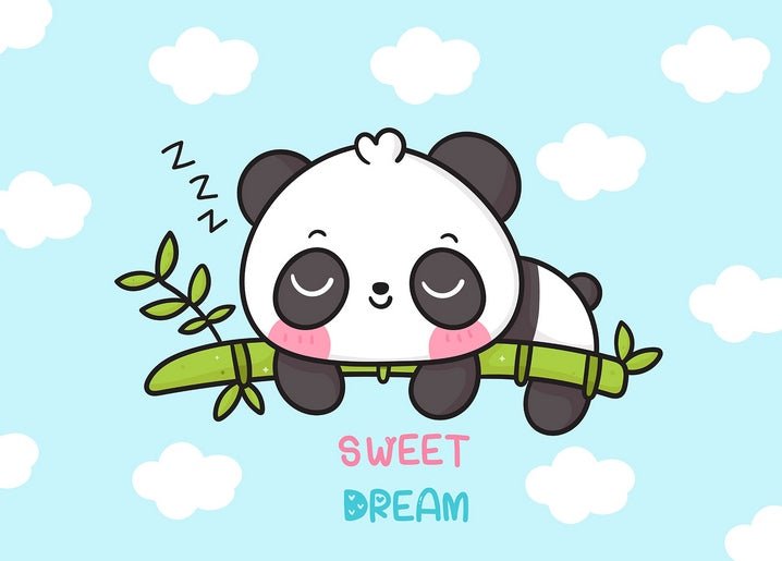 Sleeping panda curled up on a bamboo branch under a cloudy blue sky