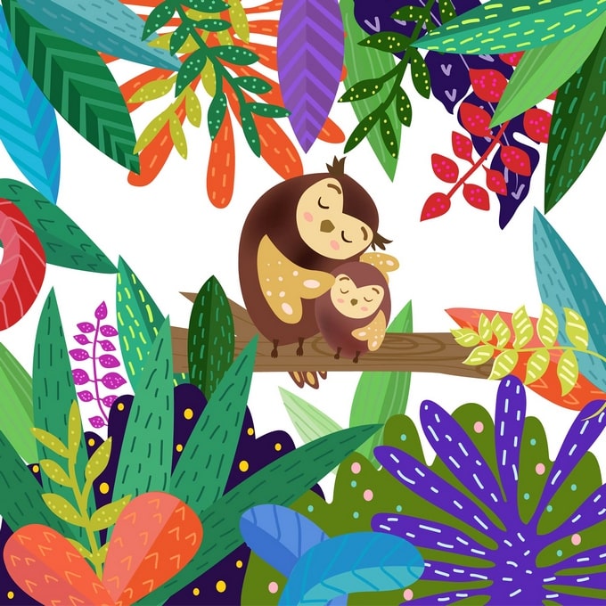 Mother and baby sloth sleeping on a branch among colorful tropical leaves