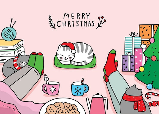 Sleeping cat in a Santa hat between striped socks, cocoa and Christmas gifts