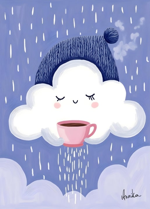 Illustration einer schläfrigen Wolke mit blauer Strickmütze und rosa Kaffeetasse im Regen, signiert AnniKa