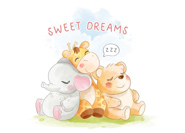 Schlafende Kuscheltiere Elefant, Giraffe und Bär unter einer herzförmigen Wolke mit Sweet-Dreams-Schriftzug