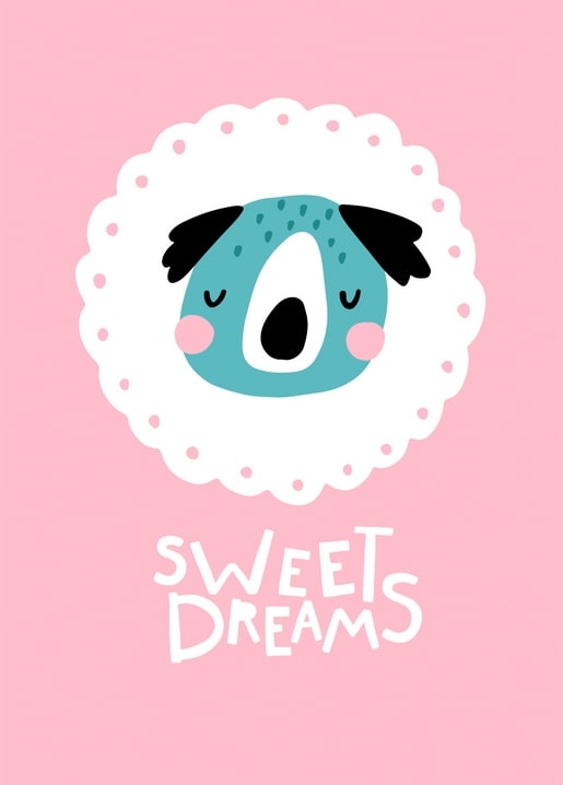 Illustrated sleepy koala face in a white doily frame with Sweet Dreams text on pink background