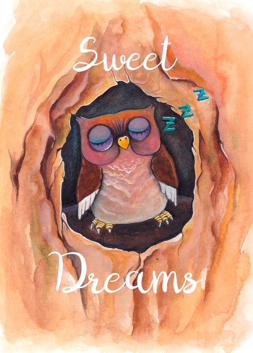Aquarellillustration einer schläfrigen Eule in einer Baumhöhle mit Schriftzug „Sweet Dreams“