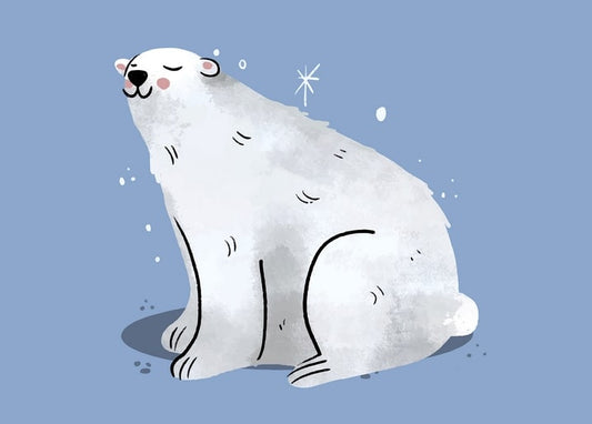 Illustration eines sitzenden Eisbären mit geschlossenen Augen vor blauem Winterhimmel.