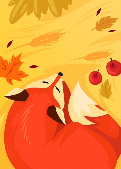 Close-up illustration of a red fox resting amid golden wheat, apples and falling autumn leaves
