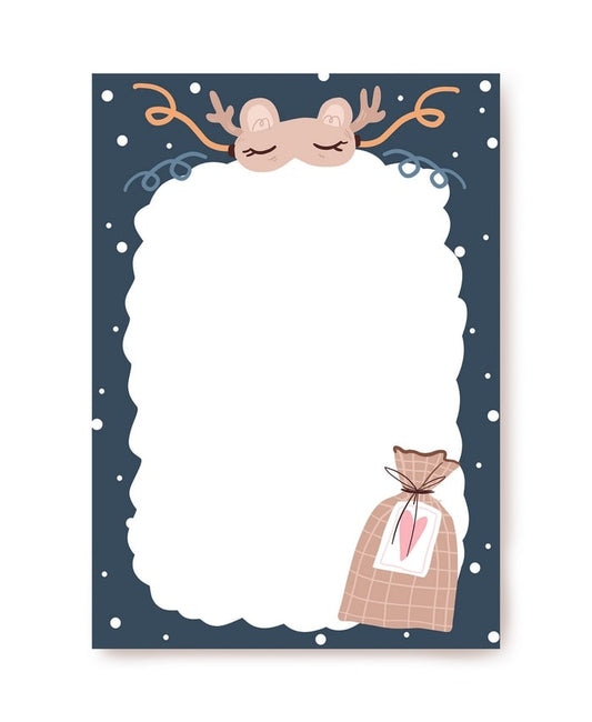 Sleepy reindeer and plaid gift sack on a snowy navy letter paper border