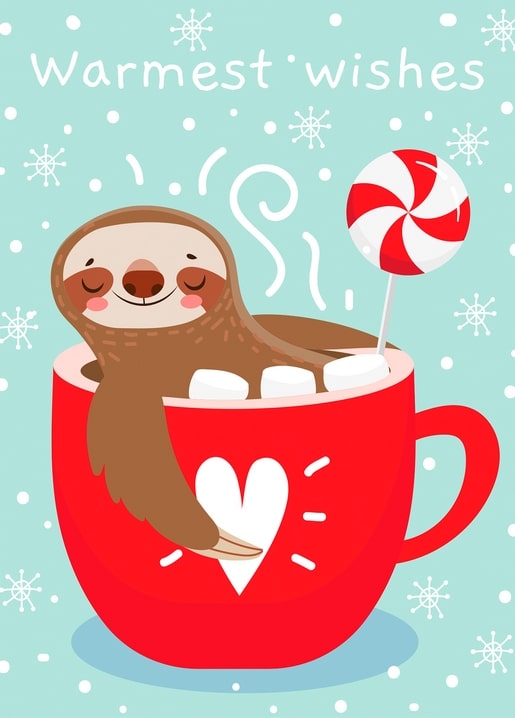 Schläfriges Faultier in einer roten Tasse Kakao mit Marshmallows und Zuckerstangen-Lolli