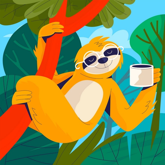 Illustrated sloth in round glasses hanging from a branch with a coffee mug