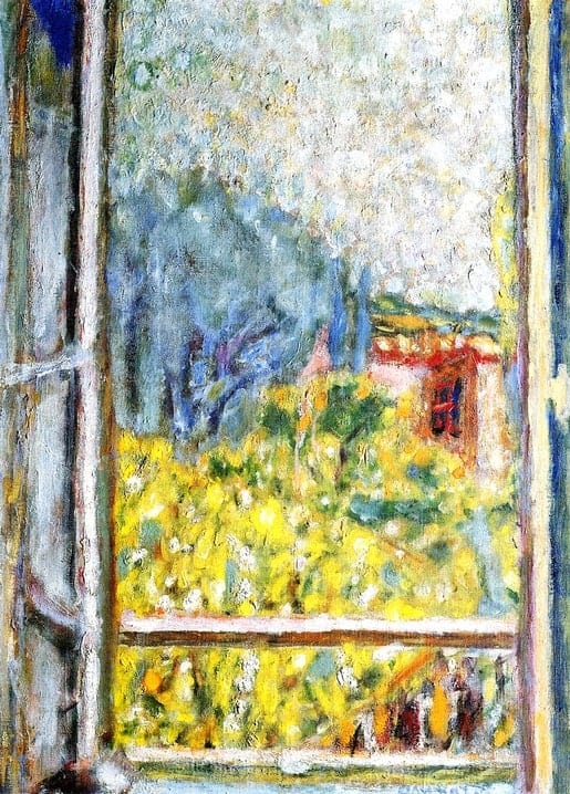 Bonnard painting of a small window framing a yellow blossoming garden and red-roofed house