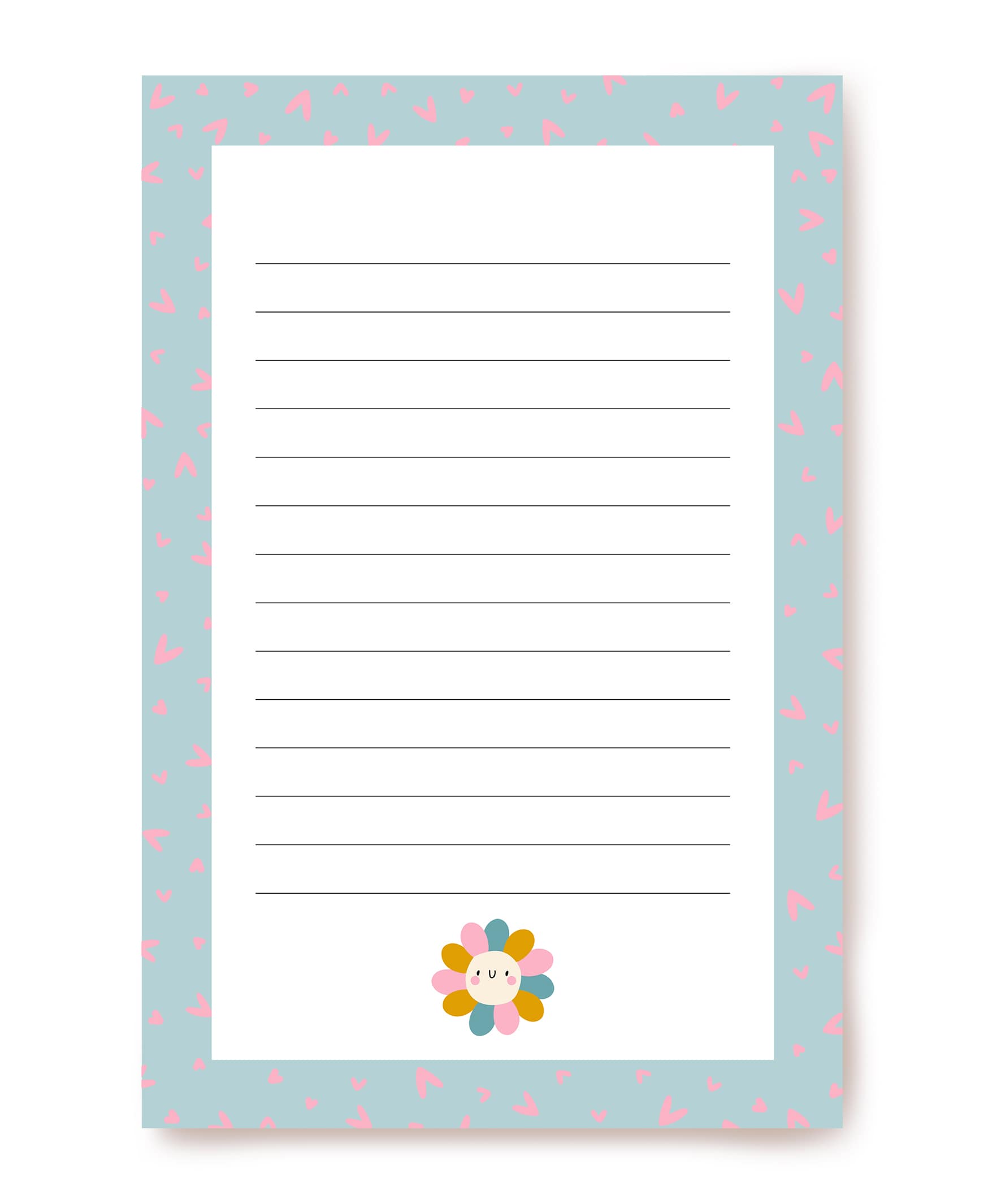 Mint stationery sheet with pink confetti hearts and a smiling flower character at the bottom