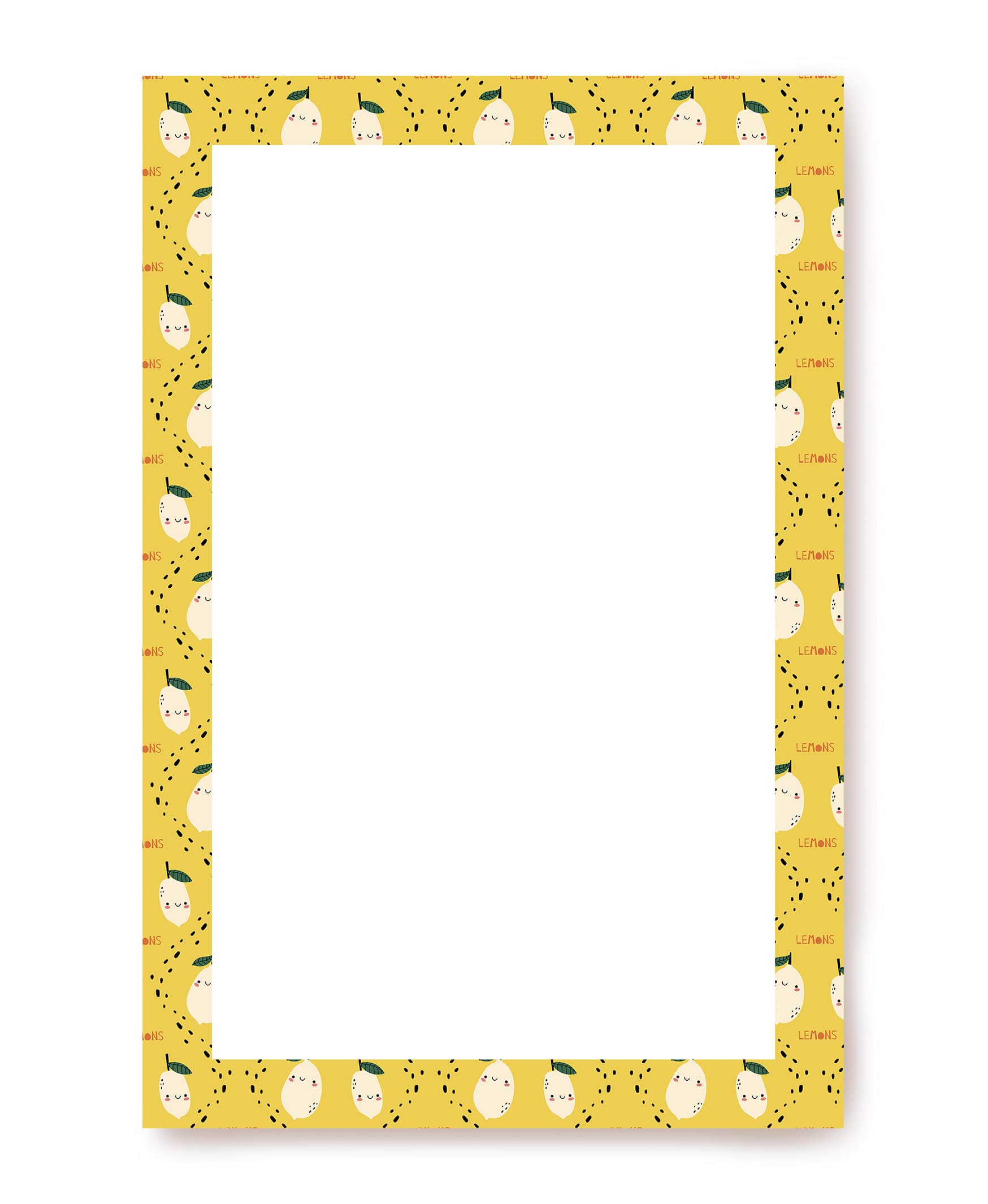 Writing paper bordered with smiling, kawaii-style lemon illustrations on mustard yellow