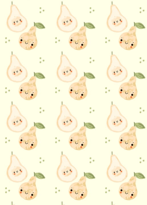 Seamless pattern of cute smiling pear characters with rosy cheeks on a cream background