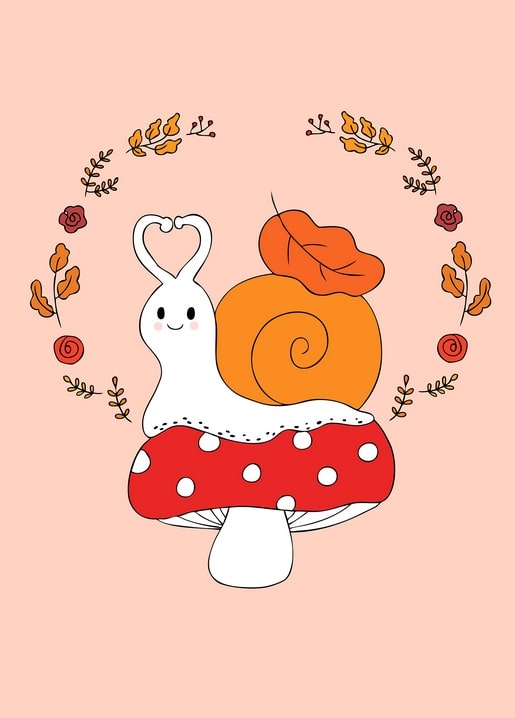 Illustrated snail with heart-shaped antennae sitting on a red spotted mushroom in an autumn leaf wreath