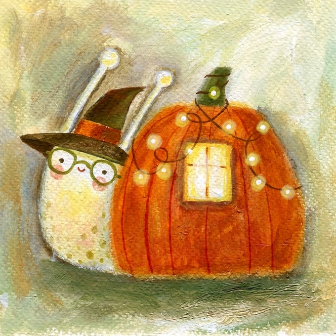 Illustrated snail in a witch hat and glasses beside a glowing pumpkin house with fairy lights