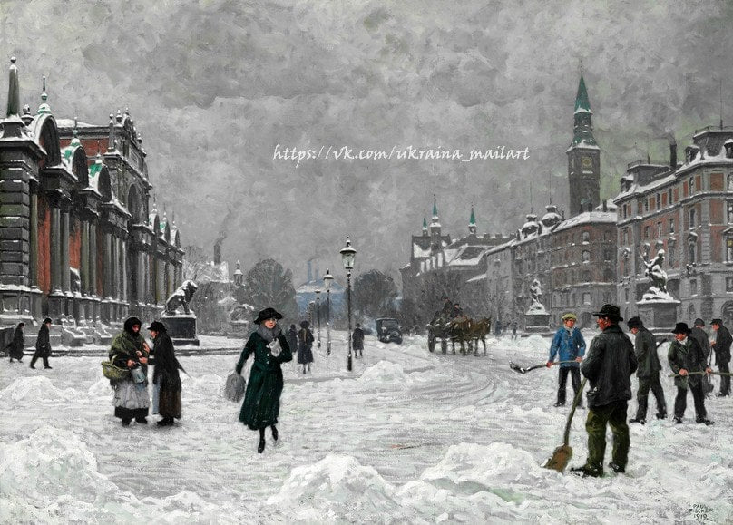 Männer räumen Schnee auf einem Stadtplatz mit Pferdekutsche und Rathausturm, Gemälde von Paul Gustave Fischer
