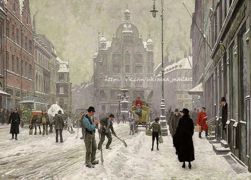Männer räumen Schnee auf einer Kopenhagener Straße, Bote in Rot vor einem Kuppelbau, Paul Gustave Fischer