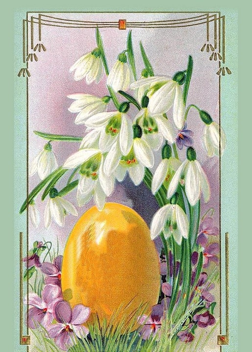 Vintage-Illustration von Schneeglöckchen und Veilchen um ein goldenes Ei im Jugendstilrahmen
