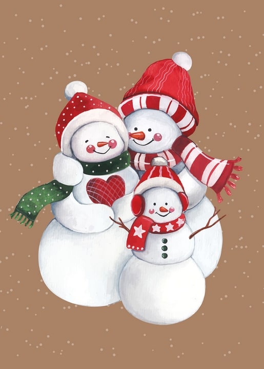 Illustrierte Schneemann-Familie zu dritt mit roten und grünen Schals auf braunem Hintergrund