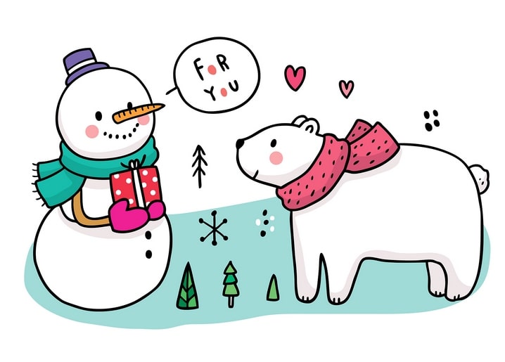 Schneemann im Zylinder überreicht ein Geschenk an einen Eisbären mit rosa Schal