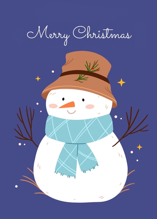 Illustrierter Schneemann mit braunem Hut und blauem kariertem Schal