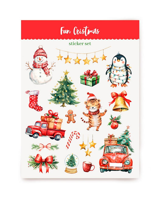 Aquarell-Weihnachtssticker mit Schneemann, Pinguin, tanzendem Tiger und rotem Geschenk-Truck
