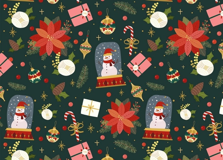 Pattern of snow globe snowmen, red poinsettias, gift boxes and gold ornaments on dark green