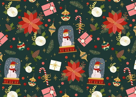Pattern of snow globe snowmen, red poinsettias, gift boxes and gold ornaments on dark green