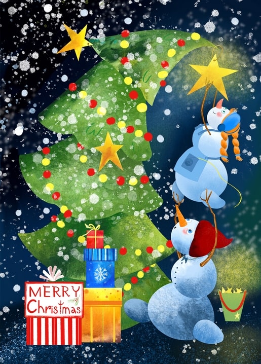Illustration von zwei Schneemännern, die einen Weihnachtsbaum schmücken, mit Schriftzug Merry Christmas und Geschenken