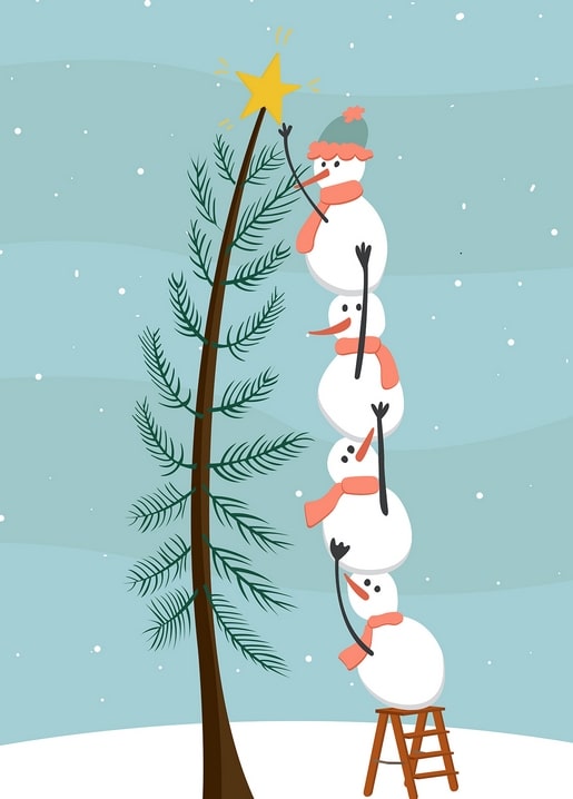 Stack of smiling snowmen climbing each other to place a star atop a tall Christmas tree