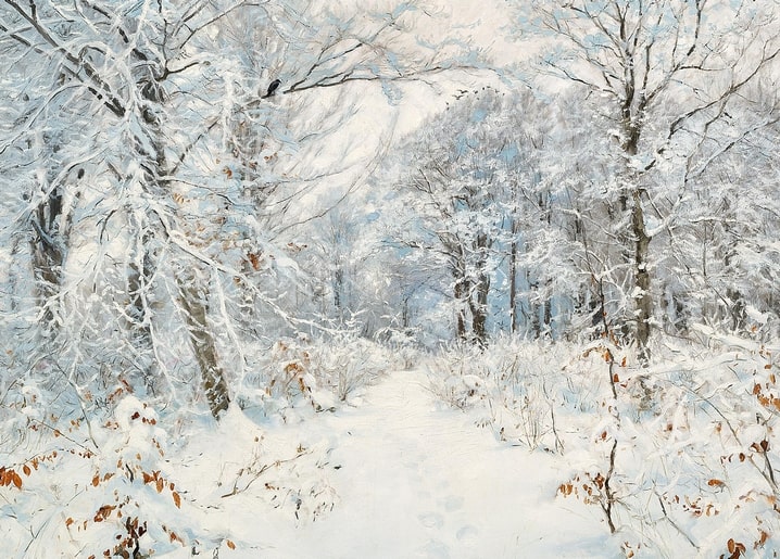 Snow-laden beech forest with a narrow footpath, no figures, painting by Brendekilde