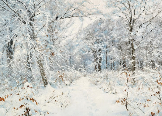 Snow-laden beech forest with a narrow footpath, no figures, painting by Brendekilde