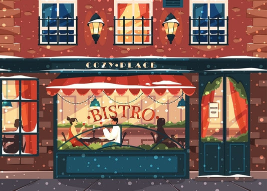 Illustriertes verschneites Bistro bei Nacht mit einem Paar am Fenstertisch